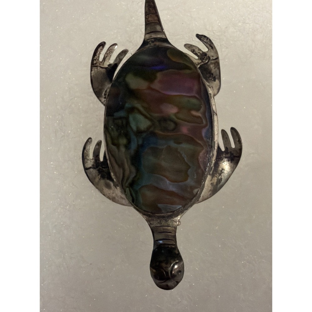Vintage Sterling Silver 925 Turtle Brooch Mother of Pearl Shell 1.75" Pin Mexico - Picture 2 of 5